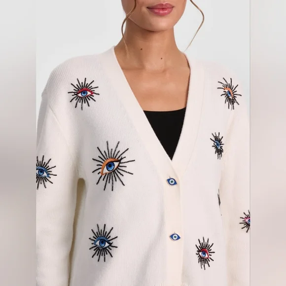 Alice + Olivia White Cardigan with Multicolor Embroidery BRADLEY SHORT EMBELLISH - Picture 4 of 11
